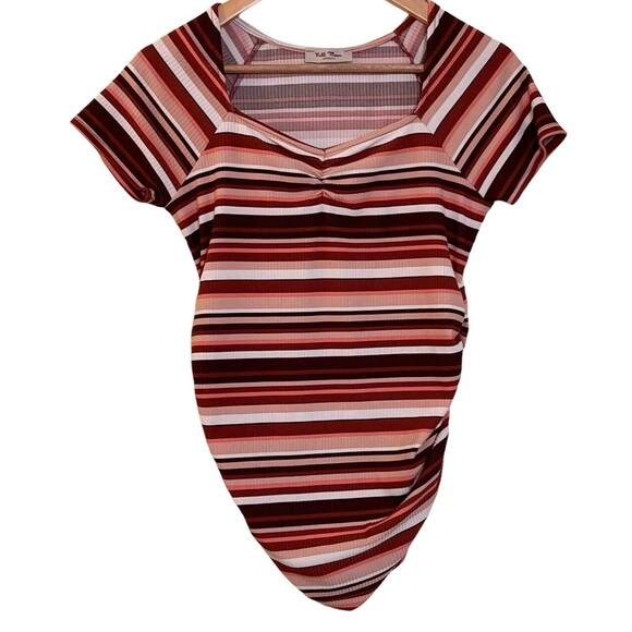Full Moon MATERNITY Ruched Square V Neck Short Sleeve Striped Ribbed Shirt Small - Picture 5 of 11